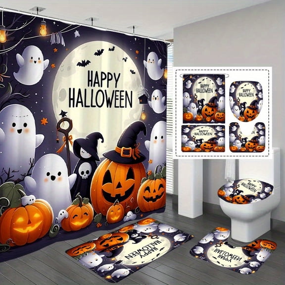 1/4pcs Magic Jack-O'-Lantern & Ghost Pattern Shower Curtain Or 4pcs Set (Including Shower Curtain, Non-Slip Mat, U-Shaped Mat & Toilet Mat) Is a Perfect Choice, a Great Gift