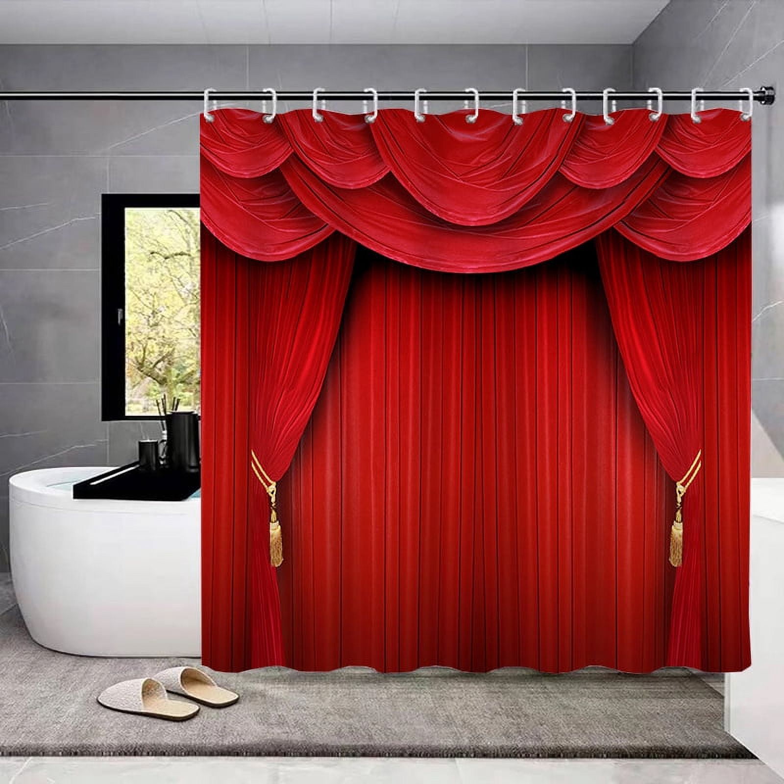 1/4pcs Red Decorative Shower Curtain Set, Waterproof Bathroom Partition