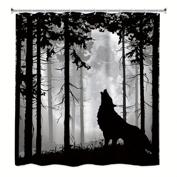 1/4pcs Wolf Bathroom Curtain & Set, Free Punching Bathroom Curtain, Absorbent Bathroom, Non-Slip U-Shaped Contour & Toilet Lid, for Bathroom Bathtub Toilet, Bathroom Additions, Bathroom Decorations