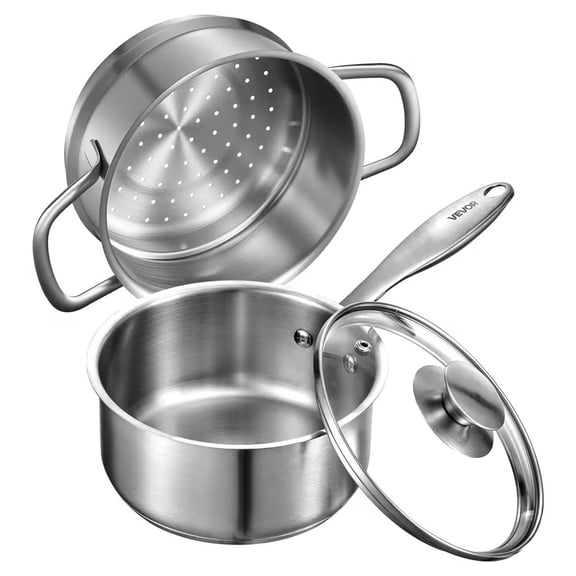 1.5/2.5 QT Stainless Steel Saucepan with Steamer Insert and Tempered Glass Lid - Small Saucepot for Cooking & Steaming, Induction Compatible