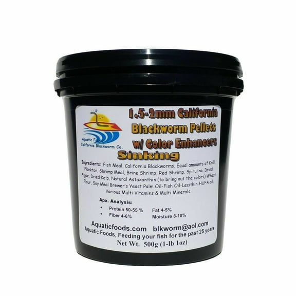 1.5-2 mm Sinking California Blackworm Pellets with Color Enhancers and Vitamins…500g / 1.1-lbs Tub