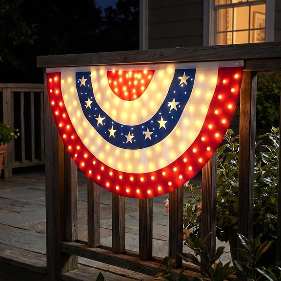1.5*3 Ft LED Patriotic Bunting Banner for 250th Anniversary, Half Fan LED Outdoor American Flag Bunting for Porch, Decorative Star Banner