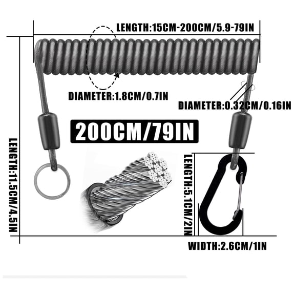 1.5-3M Telescopic Secure Gear Tether，Heavy-Duty Elastic Fishing Lanyard: Universal Stainless Steel Safety Rope