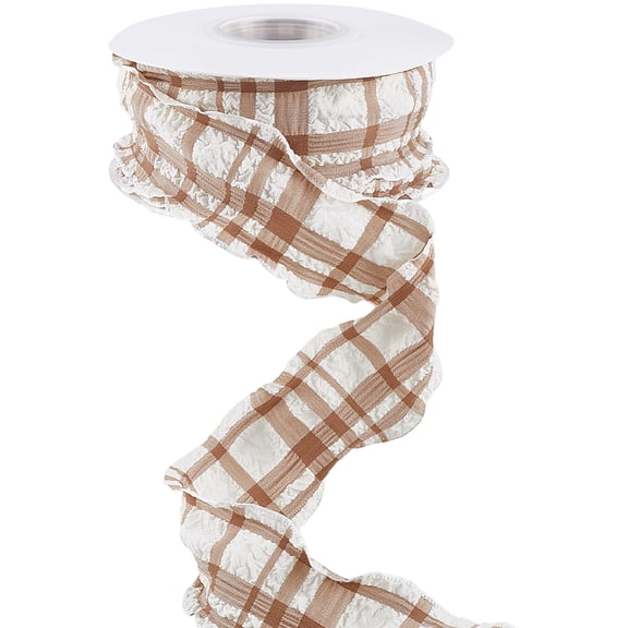 1 5/8 Inch 10 Yards Brown Ruffle Edge Plaid Ribbon Checkered Double Sided Ruffled Chiffon Gingham Pleated Lace Trimming Trim diy