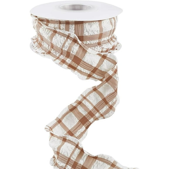 1 5/8 Inch 10 Yards Brown Ruffle Edge Plaid Ribbon Checkered Double Sided Ruffled Chiffon Gingham Pleated Lace Trimming Trim