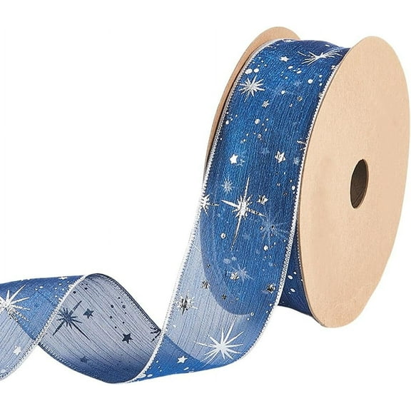 1 5/8 Inch 20 Yards Blue Star Printed Sheer Chiffon Trim Glitter Stars Pattern Transparent Organza Polyester Fabric Ribbon for Sewing Making Gift Wrapping Party Home Decoration DIY Crafts