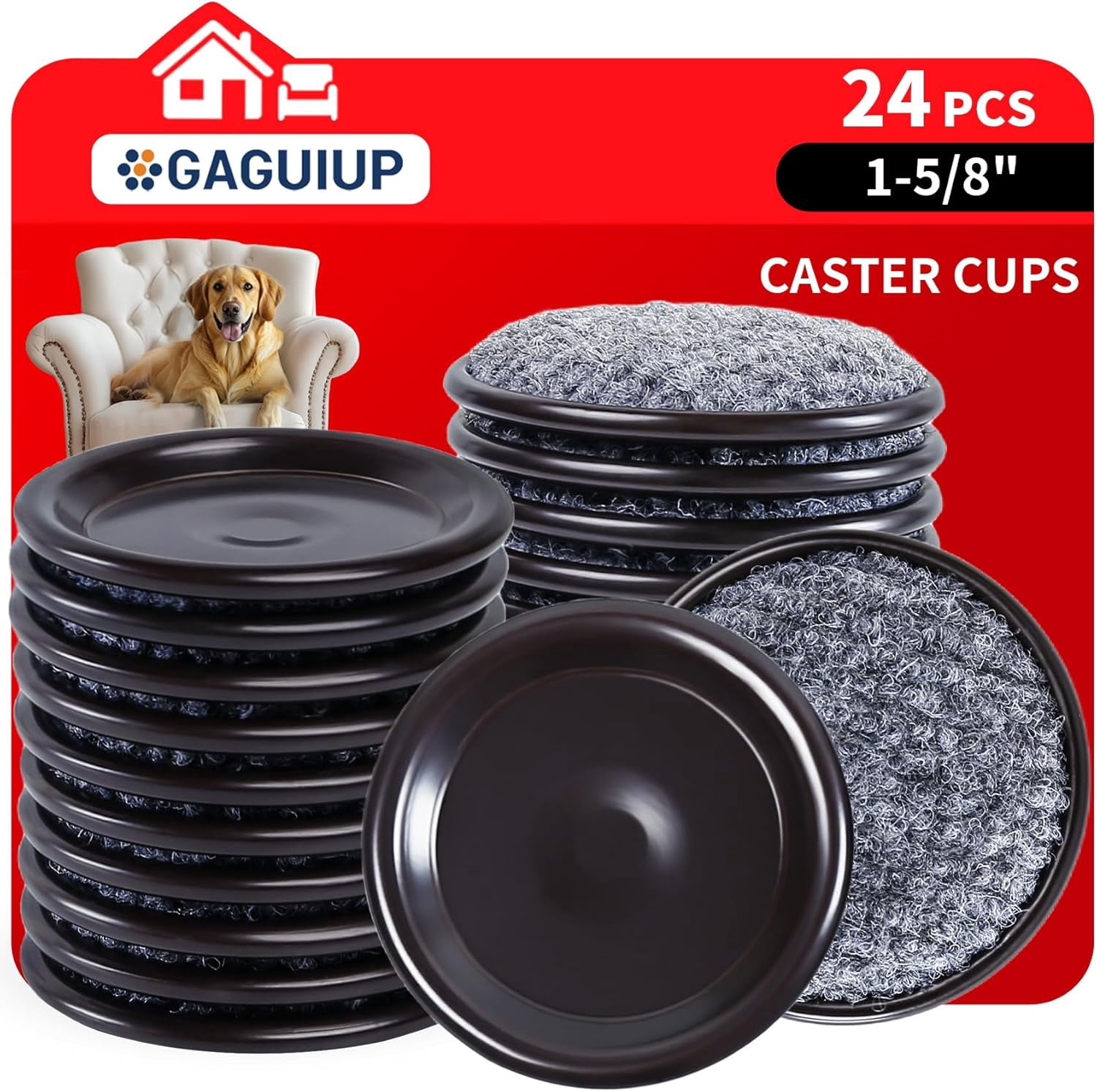 1 5/8" Round Carpet Bottom Furniture Caster Cups, Reusable Furniture Sliders for Hardwood Floors,Felt Furniture Pads Coasters to Protect Tile or Laminate Floors from Scratches, Brown/Gray (24 Pack)