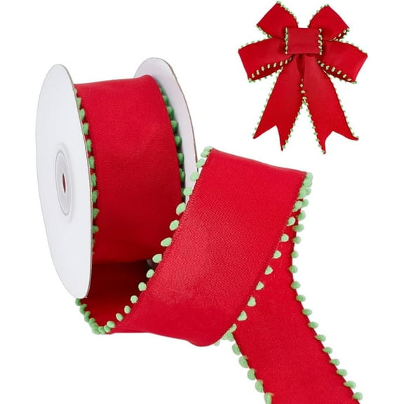 1-5/8 inch Red Wired Ribbon 5 Yards Vintage Christmas Ribbon with Green Ball Frayed Edge Wide Double Face Xmas Ribbons for Gift Wrapping Decoration Christmas Tree Decoration Bows Crafts