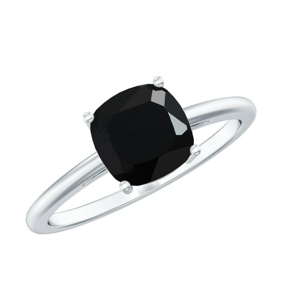 Rosec Jewels 1.5 CT Black Onyx Gold Solitaire Ring, December Birthstone Ring (7 MM Cushion Cut Black Onyx), 925 Sterling Silver, US 4.00