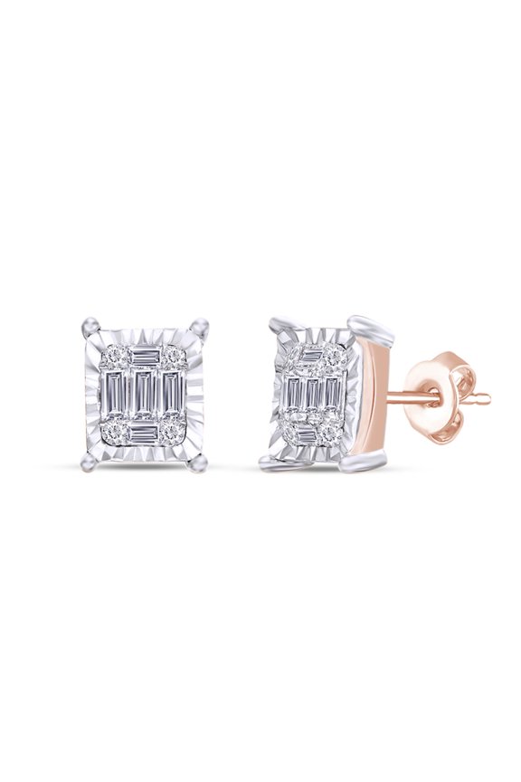 1/5 CT. T.W. Round & Baguette Cut Diamond Frame Stud Earrings In 14K Rose Gold Over Sterling Silver (0.2 Cttw, I2-I3 Clarity)