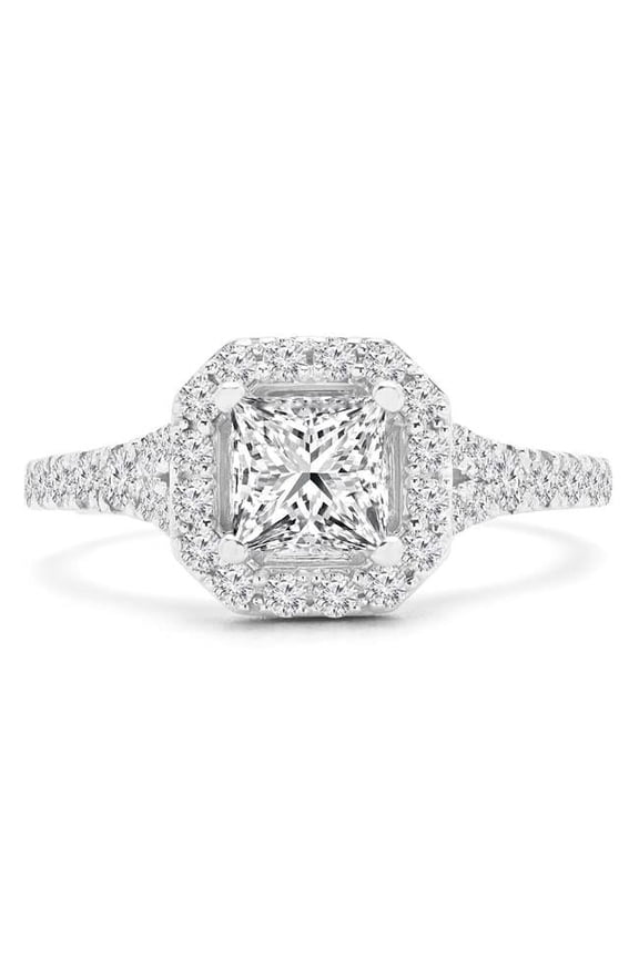 1.5 CTW Princess Diamond 4-Prong Radiant Halo Engagement Ring in 14K White Gold - Size 8.5