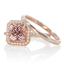 1.5 Carat Bestselling Princess Halo Bridal Set with Morganite and Diamond on 10k Rose Gold