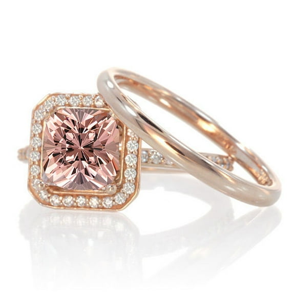 1.5 Carat Bestselling Princess Halo Bridal Set with Morganite and Diamond on 10k Rose Gold