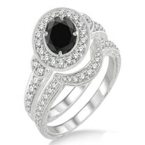 1.5 Carat Black Diamond Antique Halo Bridal Set Engagement Ring on 10k White Gold