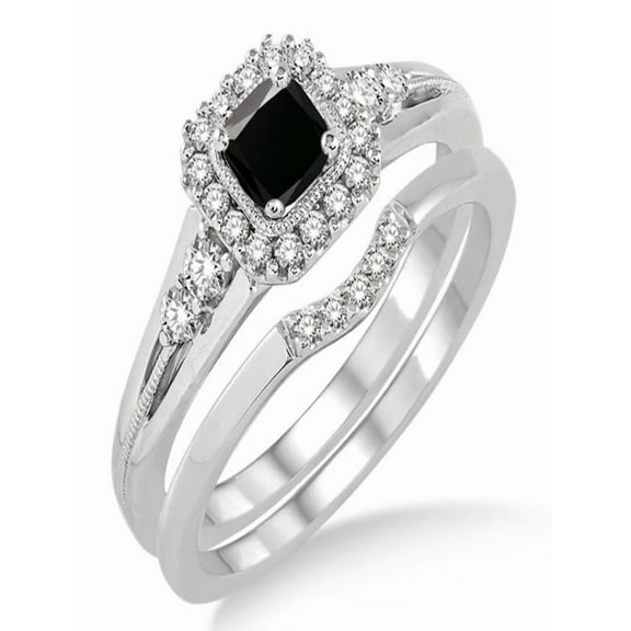 1.5 Carat Black Diamond Bridal Set Halo Engagement Ring Bridal Set on 10k White Gold