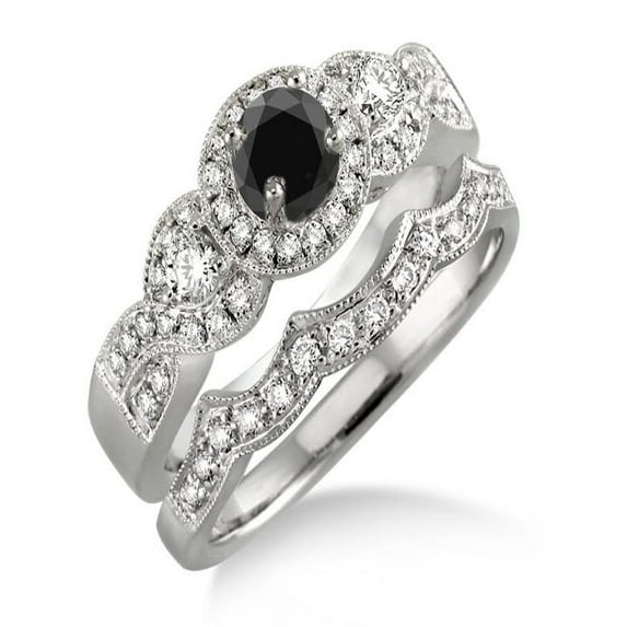 1.5 Carat Black Diamond Halo Bridal Set on 10k White Gold