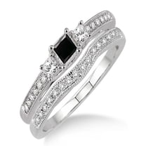 1.5 Carat Black Diamond Three Stone Bridal Set on 10k White Gold
