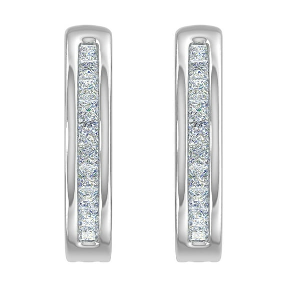 1/5 Carat Channel Set Princess cut Diamond Huggies Earrings in 14k White Gold (I1-I2 Clarity)