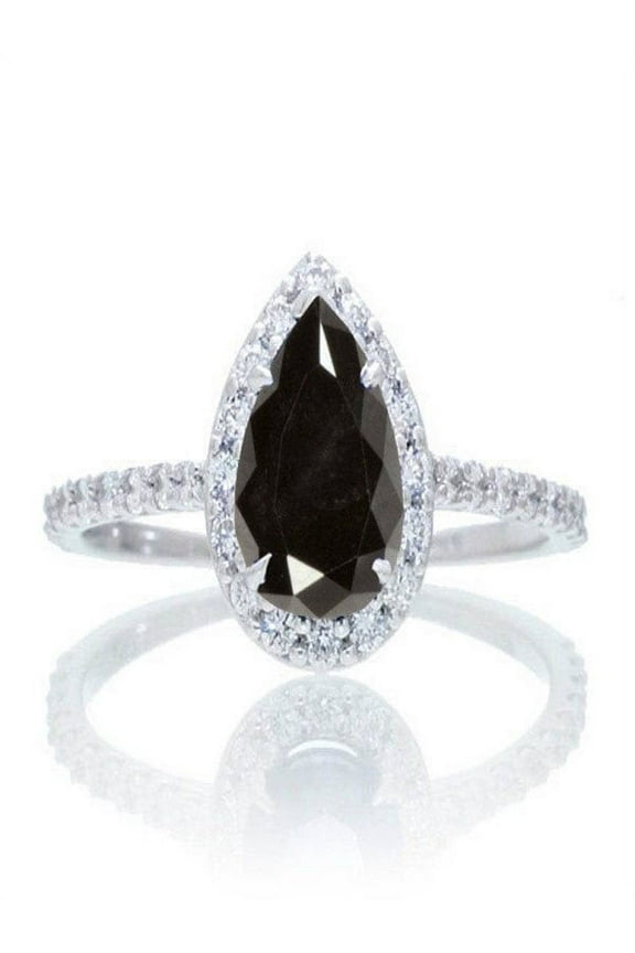 1.5 Carat Classic Pear Cut Black Diamond Moisssanite With Diamond Moissanite Celebrity Engagement Ring In 14K White Gold, Promise Ring, Anniversary Ring