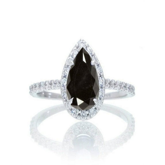 1.5 Carat Classic Pear Cut Black Diamond With Diamond Celebrity Engagement Ring in 14k White Gold