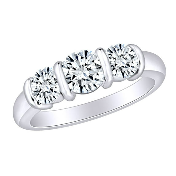 AFFY 1.5 Carat (Ctw) Round Cut White Natural Diamond Bar Set Three Stone Engagement Ring In 14k Solid White Gold Ring Size-10
