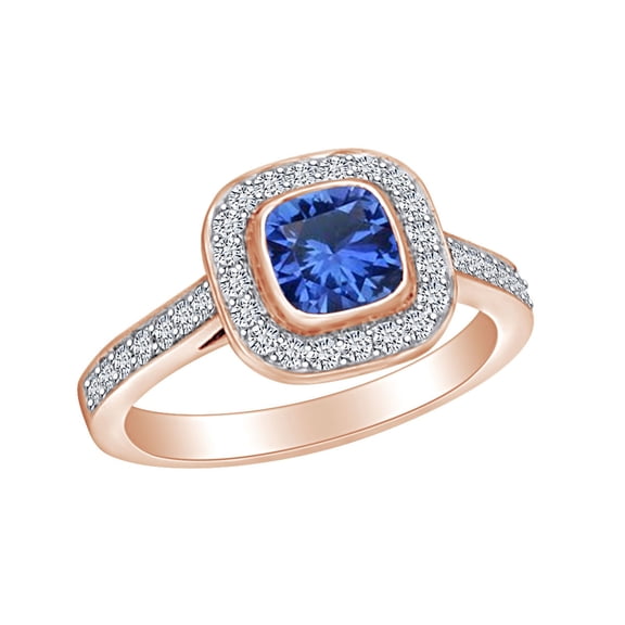 AFFY 1.5 Carat (Ctw) Simulated Blue Sapphire & White Natural Diamond Halo Engagement Ring In 14k Solid Rose Gold Ring Size-5.5