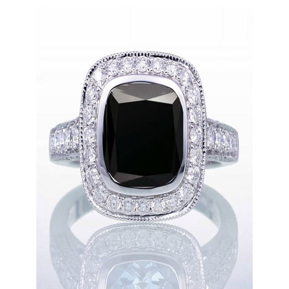 1.5 Carat Cushion Cut Black Diamond Moissantie And Diamond Moissanite Halo Vintage Engagement Ring For Women On 10K White Gold, Promise Ring, Anniversary Ring