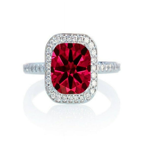 1.5 Carat Cushion Cut Classic Ruby and diamond Halo Multistone Engagement Ring on 10k White Gold