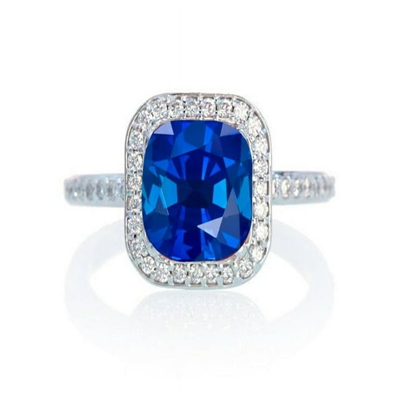 1.5 Carat Cushion Cut Classic Sapphire and diamond Halo Multistone Engagement Ring on 10k White Gold