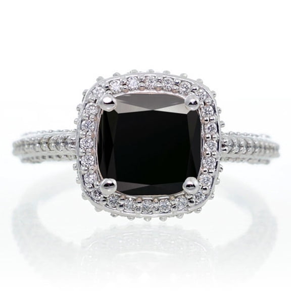 1.5 Carat Cushion Cut Designer Black Diamond Moissanite And Diamond Moissanite Halo Engagement Ring On 10K White Gold, Promise Ring, Anniversary Ring