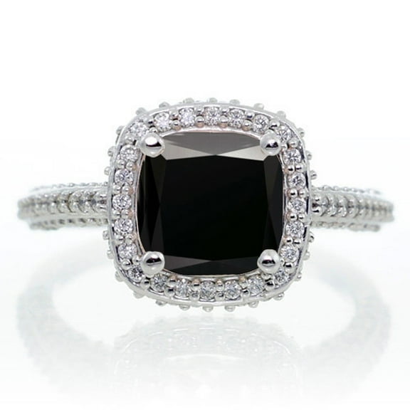 1.5 Carat Cushion Cut Designer Black Diamond and Diamond Halo Engagement Ring on 10k White Gold