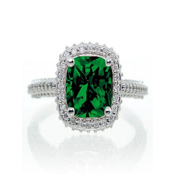 1.5 Carat Cushion Cut Designer Emerald and Diamond Halo Engagement Ring on 10k White Gold