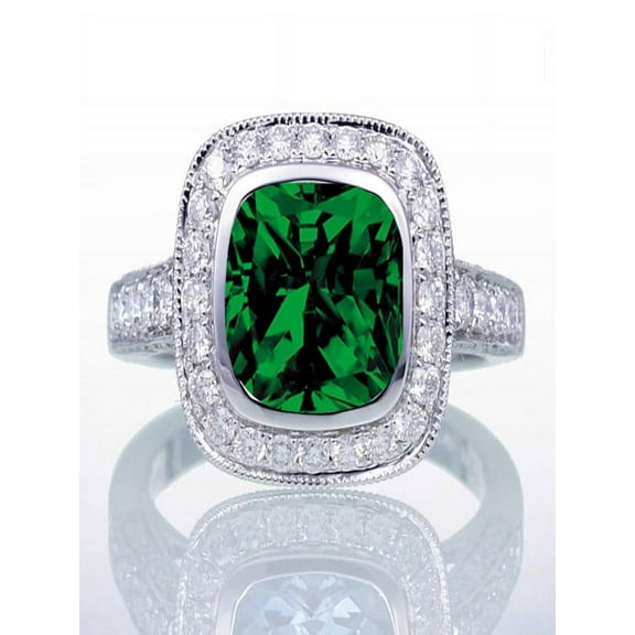 1.5 Carat Cushion Cut Emerald and Diamond Halo Vintage Engagement Ring for Women on 10k White Gold