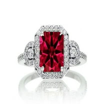 1.5 Carat Emerald Cut Three Stone Ruby Halo Diamond Ring on 10k White Gold