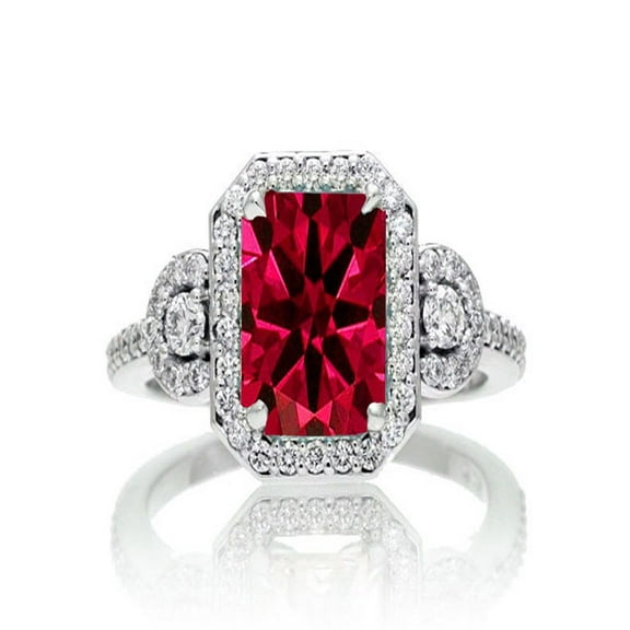 1.5 Carat Emerald Cut Three Stone Ruby Halo Diamond Ring on 10k White Gold