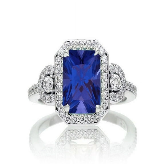 1.5 Carat Emerald Cut Three Stone Sapphire Halo Diamond Ring on 10k White Gold