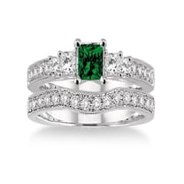 1.5 Carat Emerald & Diamond Antique Bridal set Halo Ring on 10k White Gold