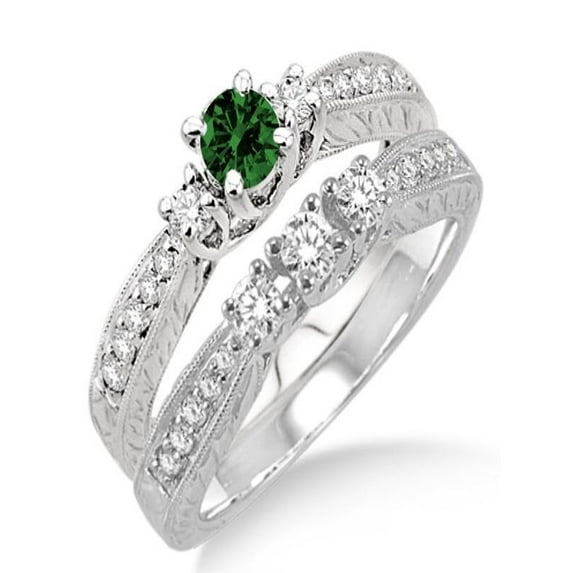 1.5 Carat Emerald & Diamond Antique Bridal set on 10k White Gold