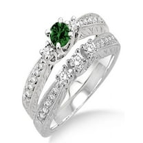 1.5 Carat Emerald & Diamond Antique Bridal set on 10k White Gold