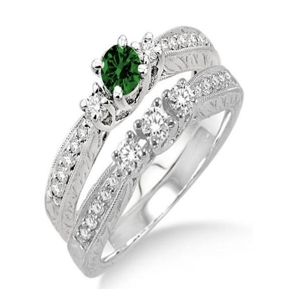 1.5 Carat Emerald & Diamond Antique Bridal set on 10k White Gold