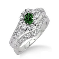 1.5 Carat Emerald & Diamond Antique Floral Bridal set on 10k White Gold