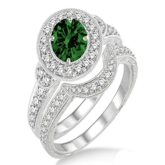 1.5 Carat Emerald & Diamond Antique Halo Bridal Set Engagement Ring on 10k White Gold