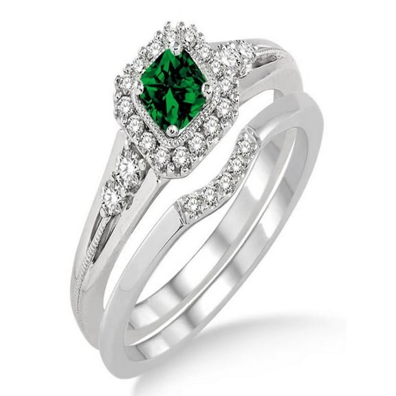 1.5 Carat Emerald & Diamond Bridal Set Halo Engagement Ring Bridal Set on 10k White Gold