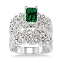 1.5 Carat Emerald & Diamond Infinity Floral Antique Bridal setRound cut diamond on 10k White Gold