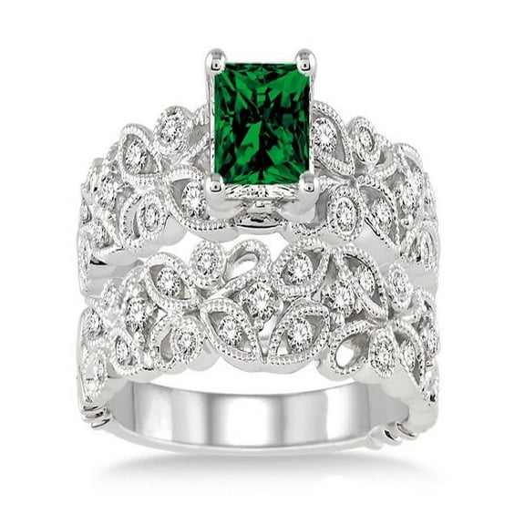 1.5 Carat Emerald & Diamond Infinity Floral Antique Bridal setRound cut diamond on 10k White Gold