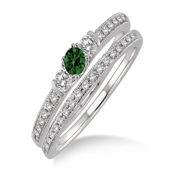1.5 Carat Emerald & Diamond Three Stone Bridal Set on 10k White Gold