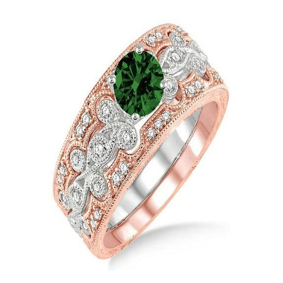 1.5 Carat Emerald & Diamond Vintage Trio Bridal Set Engagement Ring on 10k White Gold