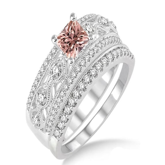 1.5 Carat Morganite & Diamond Antique Bridal Set Engagement Ring on 10k White Gold