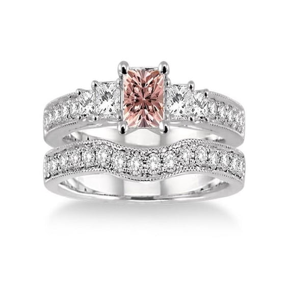 1.5 Carat Morganite & Diamond Antique Bridal set Halo Ring on 10k White Gold