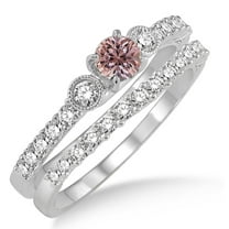 1.5 Carat Morganite & Diamond Antique Three Stone Bridal Set on 10k White Gold